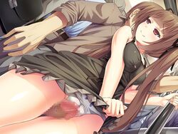 brown_hair censored chikan outercourse panties peragura red_eyes skirt_lift thigh_sex tied_hair twintails