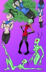 2girls alien armpits big_breasts breasts dib glasses gremrat human invader_zim looking_at_viewer midriff multiple_girls navel nipples nude nudity rule_63 shirt_lift sideboob straight_hair zim