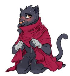 black_fur blush brown_eyes clairen clairen_(rivals_of_aether) cloak clothing feline female fur kneeling looking_at_viewer mammal naughty_face navel nobby_(artist) panther pubes pussy pussy_juice rivals_of_aether smile sweat video_games