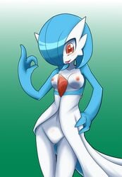 1girls 2018 alternate_color blue_hair blush breasts clothed clothing female gardevoir gradient_background hair hair_over_eye humanoid neichii nintendo nipples open_mouth partially_clothed pokémon_(species) pokemon pokemon_(species) pokemon_rse pussy red_eyes shiny_pokemon simple_background solo standing thigh_gap tongue tongue_out video_games white_skin