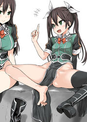 10s 2girls :d ^^^ asanagi asymmetrical_legwear bare_legs bare_thighs barefoot big_breasts black_footwear black_hair black_hair_female black_legwear blush boots bow bowtie breasts brown_hair buttons chikuma_(kantai_collection) closed_mouth elbow_gloves eyebrows eyelashes_visible_through_hair fang fangs feet female female/female female_only gloves green_eyes green_eyes_female green_jacket groin hair_between_eyes hair_ribbon highres hourglass_figure index_finger_raised jacket kantai_collection knee_boots large_breasts legs loincloth long_hair long_hair_female looking_at_another looking_at_partner multiple_girls no_panties only_female open_mouth pelvic_curtain pointy_chin puffy_short_sleeves puffy_sleeves red_bow red_bowtie ribbon ribbons shoes short_sleeves side_slit simple_background single_boot single_elbow_glove single_shoe single_thighhigh sitting small_breasts smile soles solo_focus spread_legs spreading thick_legs thick_thighs thighhighs thighs toes tone_(kantai_collection) tooth twintails twintails_(hairstyle) uneven_legwear unworn_boot unworn_boots voluptuous white_background white_ribbon wide_hips