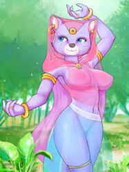 2018 anthro around_the_world_with_willy_fog barely_visible_genitalia blue_eyes breasts clothing damn_lasso_tool ear_piercing edit feline feline female fur jewelry mammal navel nipples nude_edit outside panther piercing princess_romy purple_fur pussy sheer_clothing solo standing subtle_pussy translucent transparent_clothing