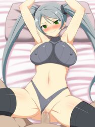 1boy armpits arms_above_head breasts censored clothed_female_nude_male clothed_sex faceless_male female green_eyes grey_hair highres large_breasts long_hair looking_at_viewer lying missionary nipples on_back on_bed panties_aside pussy_juice senran_kagura senran_kagura_(series) senran_kagura_new_wave sex stockings sweat swimsuit tsubame_(senran_kagura) twintails yaomai