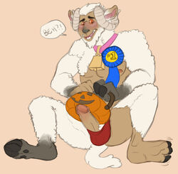 ! 2013 ? anthro balls bell black_nose bleating caprine clothed clothing collar cowbell erection feet halloween holidays horn jack_o'_lantern male mammal nipples open_mouth penis sheep simple_background smile solo speech_bubble tail teeth terribad text toes topless transformation underwear