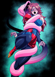 1girls android_21 android_21_(human) auburn_hair blue_eyes blush breasts brown_hair crying dragon_ball dragon_ball_fighterz ear_piercing earrings erect_nipples female fingerless_gloves glasses gloves hamon_ai high_heels huge_breasts imminent_vore nail_polish restrained ring struggling tail_vore tears tentacle thick_thighs vore