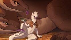 anthro brown_eyes crusch_lulu detailed_background digital_media_(artwork) duo female feral flat_chested holding_object hydra kodardragon lizard lizardman_(overlord) open_mouth overlord_(maruyama) pussy reptile rororo_(overlord) scalie sitting smile tongue white_skin