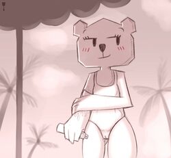 2018 4_fingers anthro beach bear blush bzeh cameltoe cartoon_network clothed clothing digital_media_(artwork) dot_eyes female heart looking_aside mammal monochrome paper pose rough_sketch seaside simple_background smile solo standing swimsuit teri_(tawog) the_amazing_world_of_gumball white_background