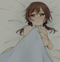 bed blush breasts brown_eyes brown_hair female gertrud_barkhorn medium_breasts nipples solo strike_witches world_witches_series