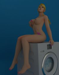 3d blonde_hair breast_grab breasts closed_eyes female goosebumps jc-starstorm metroid nintendo nude samus_aran sitting tattoo washing_machine