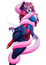 1girls android_21 android_21_(human) auburn_hair blue_eyes blush breasts brown_hair crying dragon_ball dragon_ball_fighterz ear_piercing earrings erect_nipples female fingerless_gloves glasses gloves hamon_ai high_heels imminent_vore large_breasts nail_polish restrained ring struggling tail_vore tears tentacle thick_thighs vore