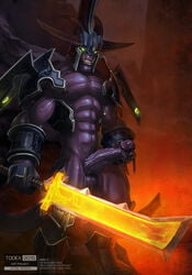 armor balls clenched_teeth demon erection glowing glowing_eyes green_eyes helmet holding_penis horn humanoid_penis male male_only melee_weapon muscular penis precum sharp_teeth solo sword teeth todex vein veiny_penis video_games warcraft weapon wrathguard