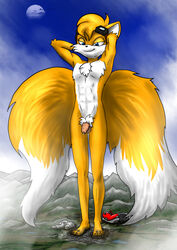 2011 2_tails abs anthro balls bodily_fluids canid canine dripping flaccid foreskin fox fur genital_fluids genitals hands_behind_head hi_res humanoid_genitalia humanoid_penis landscape_dwarfing macro male mammal multi_tail nude nude_male orange_body orange_fur penis precum precum_drip sega solo sonic_(series) sonic_the_hedgehog_(series) standing tails white_body white_fur xtreme7