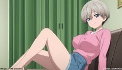 1girl 1girls absurd_res ai_assisted ai_generated anime ass blue_eyes blush boobs breasts bubble_butt butt cleavage couch curvaceous curvy curvy_figure denim_shorts grey_hair high_resolution highres hourglass_figure huge_ass huge_breasts huge_butt indoors large_breasts legs_up light-skinned_female long_sleeves looking_at_viewer nipple_outline nipples_visible_through_clothing patreon patreon_logo patreon_username pink_shirt reclining shiny_skin short_hair short_shorts sitting smile solo thick_thighs thighs tight_clothes uzaki-chan_wa_asobitai! uzaki_hana veyluna voluptuous white_shirt wide_hips
