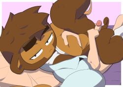 agent_jericho anonymous_male bloons_tower_defense commitimu_crtn furry grab grabbing_chest looking_at_viewer male_only monkey on_bed on_top_of_another pov shirt_lift shirt_open tagme