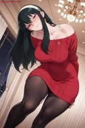 1girl ai_generated bangs bare_shoulders black_hair black_legwear blush breasts closed_mouth collarbone dress earrings hair_between_eyes hairband half-closed_eyes hi_res high_quality high_resolution hoop_earrings indoors jewelry kiraamane large_breasts leaning_forward long_hair looking_at_viewer off-shoulder_sweater off_shoulder pantyhose patreon red_dress red_eyes seductive sexy smile solo spy_x_family sweater sweater_dress uncensored watermark yor_briar