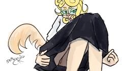 absurd_res anthro bottomwear bovid canid canine canis caprine clothed clothing clothing_lift domestic_sheep female genitals green_eyes hi_res hybrid mammal merino_sheep mr.foxman presenting presenting_vulva saengdao/starlight_(mr.foxman) school_uniform sheep skirt skirt_lift smug_face solo tongue tongue_out uniform vulva wolf