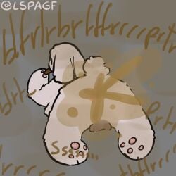 absurd_res anthro anus balls big_fat_stinky_unwashed_sweaty_bunny_(lspagf) darkened_balls darkened_genitalia eating fart fart_cloud fart_fetish genitals grey_background hi_res lagomorph leporid lspagf lying male mammal on_front onomatopoeia pawpads rabbit scut_tail short_tail simple_background solo sound_effects tail text