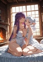 2girls ai_assisted ai_generated bangs bare_shoulders barefoot blue_eyes blunt_bangs blush breasts cleavage curvaceous curvy curvy_female curvy_figure dark_skin elf female fern_(sousou_no_frieren) frieren indoors large_breasts long_hair looking_at_viewer miyuai multiple_girls pointy_ears purple_eyes purple_hair silver_hair sitting smile sousou_no_frieren thick thick_ass thick_butt thick_hips thick_legs thick_thighs twintails voluptuous voluptuous_female wariza wide_hips wide_thighs window