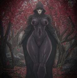 absurd_res anthro areola biped black_clothing bone breasts clothed clothing dark_body dark_skin female forest hi_res huge_filesize humanoid jaeger3d nipples partially_clothed plant skull skull_head solo tree