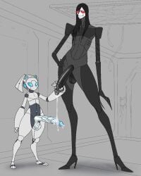 balls black_penis blush bodily_fluids clothing duo footwear genital_fluids genitals hair handjob hi_res high_heels humanoid iziks long_hair machine male male/male penile penis precum robot robot_humanoid sex shoes size_difference vein veiny_balls veiny_penis