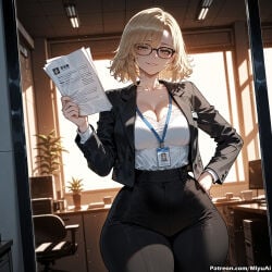 1girl ai_assisted ai_generated bangs black_jacket blazer blinds blonde_hair bra breasts cleavage cosplay curvaceous curvy curvy_female curvy_figure dress_shirt female glasses grace_ashcroft indoors jacket large_breasts long_sleeves looking_at_viewer miyuai office_lady paper pencil_skirt plant potted_plant resident_evil resident_evil_9:_requiem see-through shirt skirt smile solo suit thick thick_ass thick_butt thick_hips thick_legs thick_thighs underwear voluptuous voluptuous_female wide_hips wide_thighs window