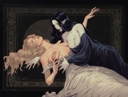 bite_mark blood blood_drip blood_in_mouth breasts breasts_out canon_lesbian carmilla_(novel) carmilla_karnstein horror interspecies laura_(carmilla) laura_hollis lesbian lesbian_couple lesbian_focus monster_girl mynqzo pale-skinned_female pale_skin pointy_ears sapphic undead undead_female vampire vampire_girl vampire_teeth yuri