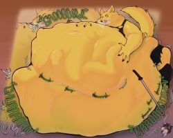 anthro belly belly_grab belly_rub big_belly canid canine clothing digestion digestion_noises expansion fox hi_res huge_belly licking licking_lips licking_own_lips male male_pred mammal mass_vore melee_weapon motion_lines multiple_prey noctiribean onomatopoeia oral_vore overweight overweight_anthro rumbling_stomach satisfied solo sound_effects squirming struggling struggling_prey sword text thick_arms thick_thighs tongue tongue_out torn_clothing vore weapon weight_gain yellow_body