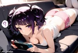 1girl ? ai_generated ass bangs bare_shoulders breasts cleavage couch downblouse earrings handheld_game_console idolmaster idolmaster_shiny_colors jewelry lying nintendo_switch on_stomach phone pink_shorts playing_games purple_eyes purple_hair shorts spoken_question_mark sunori tanaka_mamimi thighhighs twintails