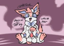 3_fingers 3_toes animal_genitalia animal_penis balls big_balls black_nose blue_inner_ear blue_sclera confusion dialogue eeveelution feet feral fingers fluffy fur generation_6_pokemon genitals half-erect head_tuft heart_(marking) male markings nintendo open_mouth open_smile paws penis pink_body pink_fur pkfreak pokemon pokemon_(species) ribbons_(anatomy) sheath smile solo spiral_markings sylveon tail text toes tuft white_body white_bow_(anatomy) white_fur