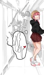 1boy black_eyebrows black_eyes black_jacket black_ribbon black_text brown_cap brown_hat cap clothed clothed_male concerned door femboy furrowed_brow furrowed_eyebrows hair_ribbon hat heart implied_sex jacket japanese_text komi-san_wa_komyushou_desu komi_can't_communicate light-skinned_male light_skin long_hair looking_to_the_side mamimi_(artist) mamimi_(mamamimi) moan moaning moaning_in_pleasure mouth_open open_mouth otoko_no_ko pink_hair pink_shoes red_heart red_skirt ribbon room shoes simple_background sink skirt sound_effects speech_bubble standing surprised surprised_expression tadano_hitohito toilet toilet_stall washing_hands white_background white_shoes white_text wig