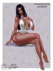 artofsatoman black_hair body_jewelry breast_tattoo breedable breedable_hips brown-skinned_female brown_skin child_bearing_hips christmas_ribbon crescent_facial_mark crossed_legs dark-skinned_female dark_elf dark_nipples dark_skin dress elf facial_mark female high_elf highres hips ithilrin_starfall jewelry looking_to_the_side lord_of_the_rings lord_of_the_rings_online moon moon_tattoo nipples nude ohmyseki original original_character pointy_ears ribbon silver_dress skimpy_dress solo tattoo thigh_tattoo