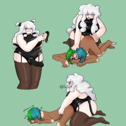 2girls battle_for_dream_island bdsm bdsm_gear bfdi blue_hair book_(bfdi) chubby chubby_female dark-skinned_female dark-skinned_sub dark_skin female female/female female_only gijinka green_hair humanized jacknjellify light-skinned_female light_skin object_show object_shows pillow_(bfdi) strap-on strap-on_sex white_hair yuri