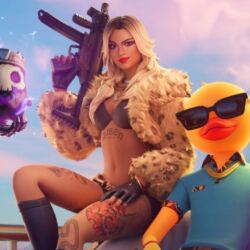 1girl black_bra blonde_hair bra cleavage female_focus fortnite fur_coat gun lipstick official_art revealing_clothes unnamed_character writing_on_body