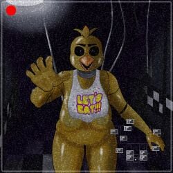 animatronic animatronic_female anthro bad_lighting belly_overhang bib big_breasts big_nipples big_thighs camera_view chica_(fnaf) chicken chubby classic_chica_(fnaf) dark_lighting digital_media_(artwork) doll_joints five_nights_at_freddy's fnaf1_location furry huge_breasts medibangpaint saggy_breasts solo static thick_thighs