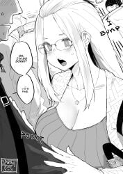 1girl 2boys absurdres artist_name bag bangs_pinned_back breast_press breasts bus_interior casual cleavage collarbone glasses greyscale hair_pulled_back handbag highres inne_sulistya_robin jacket jewelry large_breasts long_hair monochrome multiple_boys norman_maggot open_clothes open_jacket original pendant pomf puff_of_air speech_bubble standing sweatdrop upper_body