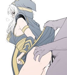 1boy 1girl absurdres ashe_(league_of_legends) ass bare_shoulders black_cape black_dress blush breasts cape censored commentary_request cowboy_shot cum cum_in_pussy cyrano_(aazzss3) dress grey_background highres hood hood_up large_breasts league_of_legends sex sex_from_behind simple_background tears teeth trembling