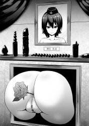 1girl anal anal_beads anus ass ass_focus butt_plug commentary_request dildo flower garrison_cap girls_und_panzer glory_wall hat highres lovelovemaid nishizumi_maho object_insertion picture_frame rose sex_toy short_hair solo stuck through_wall
