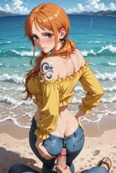1boy 1girl ai_generated ass back bare_shoulders beach blue_pants blue_sky blush breasts brown_eyes butt_crack buttjob closed_mouth cloud crop_top day denim erection frilled_shirt from_behind hair_over_shoulder hetero jeans large_breasts long_hair long_sleeves looking_at_viewer looking_back low_twintails midriff nami_(one_piece) ocean off-shoulder_shirt off_shoulder orange_hair outdoors pants penis pov pov_crotch sand sandals shirt shoulder_tattoo sky solo_focus standing tattoo twintails uncensored veins veiny_penis water yellow_shirt