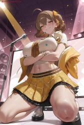 1girl ahoge ai_generated anis_(nikke) bangs blush breasts brown_hair earrings from_below goddess_of_victory:_nikke grin hair_ribbon hi_res high_quality high_resolution holding_microphone idol jewelry kiraamane large_breasts looking_at_viewer microphone navel one_side_up patreon ribbon seductive sexy shirt side_ponytail skirt smile solo squatting stage stage_lights stomach thighs uncensored watermark yellow_eyes