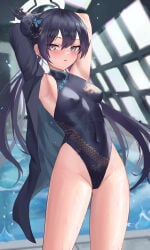 1girls absurdres armpits black_coat black_hair blue_archive blush braid braided_bun breasts butterfly_hair_ornament chinese_commentary coat commentary_request cowboy_shot double_bun female genryumon_(blue_archive) grey_eyes hair_bun hair_ornament halo highres indoors jixo_(user_nzhc8728) kisaki_(blue_archive) leotard long_hair looking_at_viewer open_mouth pool poolside pussy rei_no_pool shanhaijing_secondary_school_student small_breasts solo swimsuit that_pool thighs twintails uncensored wet