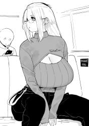 1boy 1girl aliasing arms_between_legs artist_name bangs_pinned_back breasts cellphone cleavage cleavage_cutout clothing_cutout curvy earphones earrings facing_viewer feet_out_of_frame glasses greyscale highres inne_sulistya_robin jewelry large_breasts long_hair long_sleeves looking_at_phone looking_to_the_side monochrome norman_maggot open-chest_sweater original pants phone sitting sleeves_past_wrists smartphone stud_earrings suspenders_hanging sweater vehicle_interior
