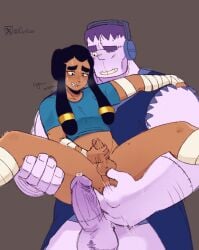 2boys bandage brawl_stars carrying carrying_partner dark-skinned_male finx_(brawl_stars) frank_(brawl_stars) gay gay_sex male/male male_masturbation masturbation monster_cock open_legs supercell yaoi