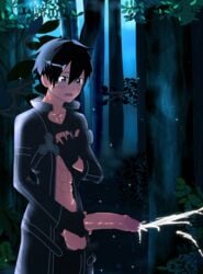 1boy abs big_balls big_penis cum cumshot erection hyper_penis kirigaya_kazuto kirito male male_only mlm4anemone muscle nipples outfit pecs penis sword_art_online tagme testicles yaoi