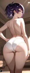 1girl ai_generated ass bangs blunt_bangs breasts diagonal_bangs earrings idolmaster idolmaster_shiny_colors looking_at_viewer looking_back panties purple_eyes purple_hair solo sunori tanaka_mamimi topless twintails underwear white_panties