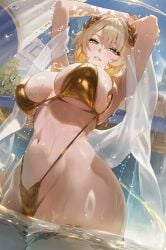 1girl 1girls aglaea_(honkai:_star_rail) armpits arms_up artist_name bikini blonde_hair blush breasts gold_bikini green_eyes highres honkai:_star_rail honkai_(series) looking_at_viewer navel nipples_visible_through_clothing outdoors parted_lips partially_underwater_shot rucarachi short_hair sideboob smile solo stomach swimsuit wading water wet