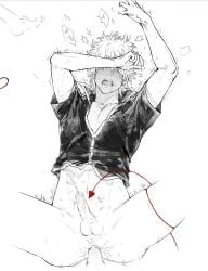 2boys anal anal_sex blush bodily_fluids bottomless covered_eyes covering_face covering_self demon_boy demon_tail drooling erection genital_fluids gintama gintoki_sakata incubus male male_only male_pov monochrome on_back open_mouth penis pov solo_focus spot_color spread_legs sweat takasugi_shinsuke toned toned_male uncensored wy3163561826160