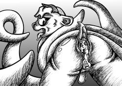 anus bodily_fluids butt canid canine cum eyescutout genital_fluids genitals hair hi_res liquid male mammal monochrome penis solo standing tail tentacles tongue