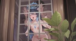 1girls against_glass ai_generated anime behind belly_bulge big_penis black_hair blue blue_eyes blue_hair catgirl creampie cum doggy_style domination full_nelson hardcore hot icecat kromia krominya micro_bikini neko nekomimi panting penetration stomach_bulge tail vtuber
