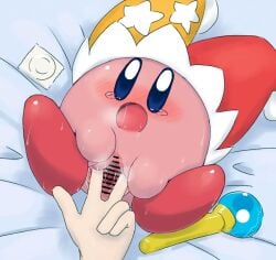 condom_wrapper fingering fingering_pussy kirby kirby_(series) nintendo poi_(artist) pussy pussy_juice spread_pussy waddling_head