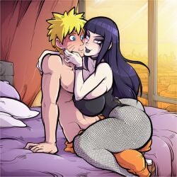 1boy 1girl ai_generated bed black_lipstick blush bustybunz close-up commentary_request dominant_female femdom fishnets goth goth_makeup hand_on_face huge_breasts hyuuga_hinata looking_at_another makeup naruto_(series) naruto_shippuden naruto_uzumaki shiny_clothes sweat tagme tight_clothes uzumaki_naruto